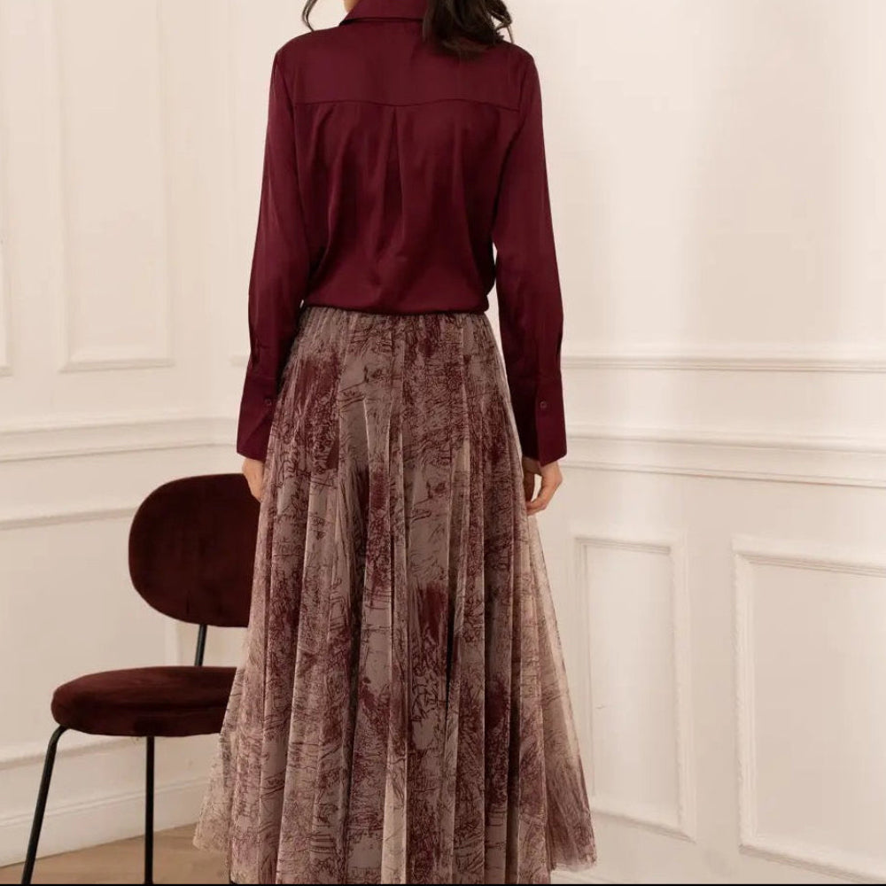 Printed Toile De Jouy Tulle Skirt In Bordeaux