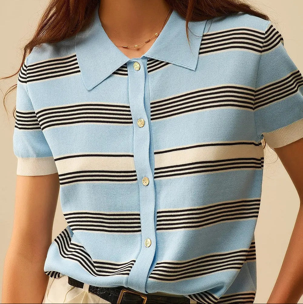 Baby Blue Striped Button-Up Polo