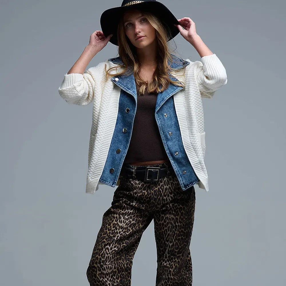 Waffle Knit Cardigan in White with Blue Chunky Denim Lining
