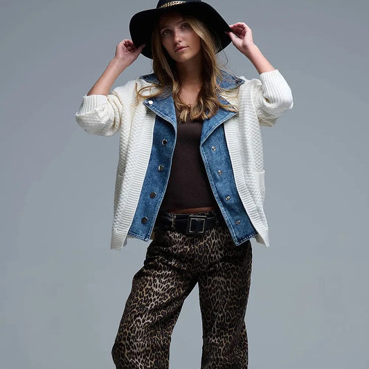 Waffle Knit Cardigan in White with Blue Chunky Denim Lining