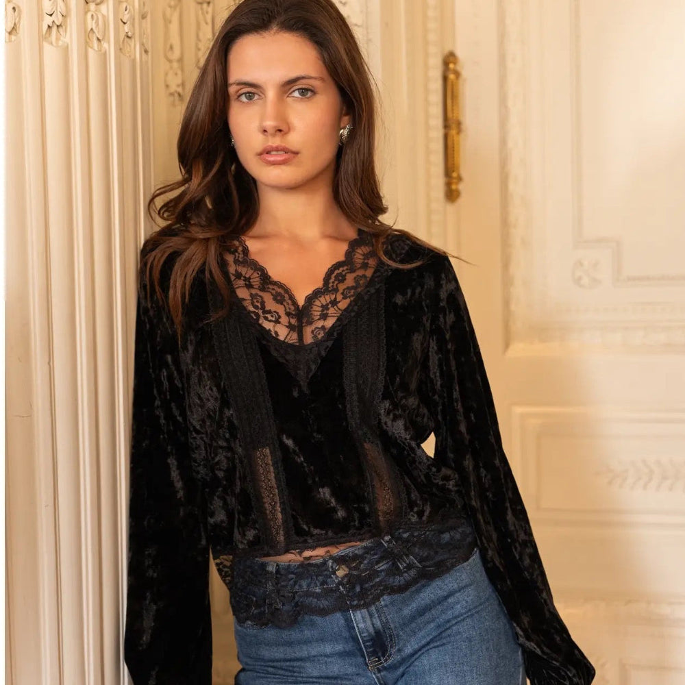 Sheer Velvet & Lace Trimmed Top
