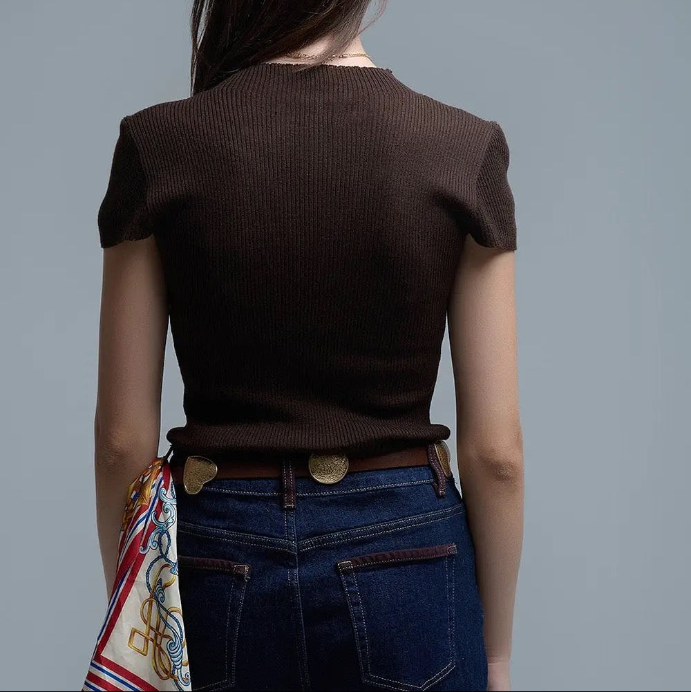 Knitted Rib Featherweight Tuckable Sweater in Brown