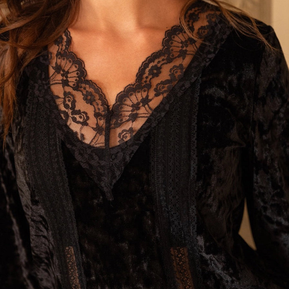 Sheer Velvet & Lace Trimmed Top