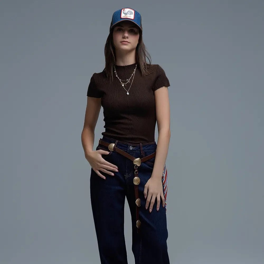 Knitted Rib Featherweight Tuckable Sweater in Brown