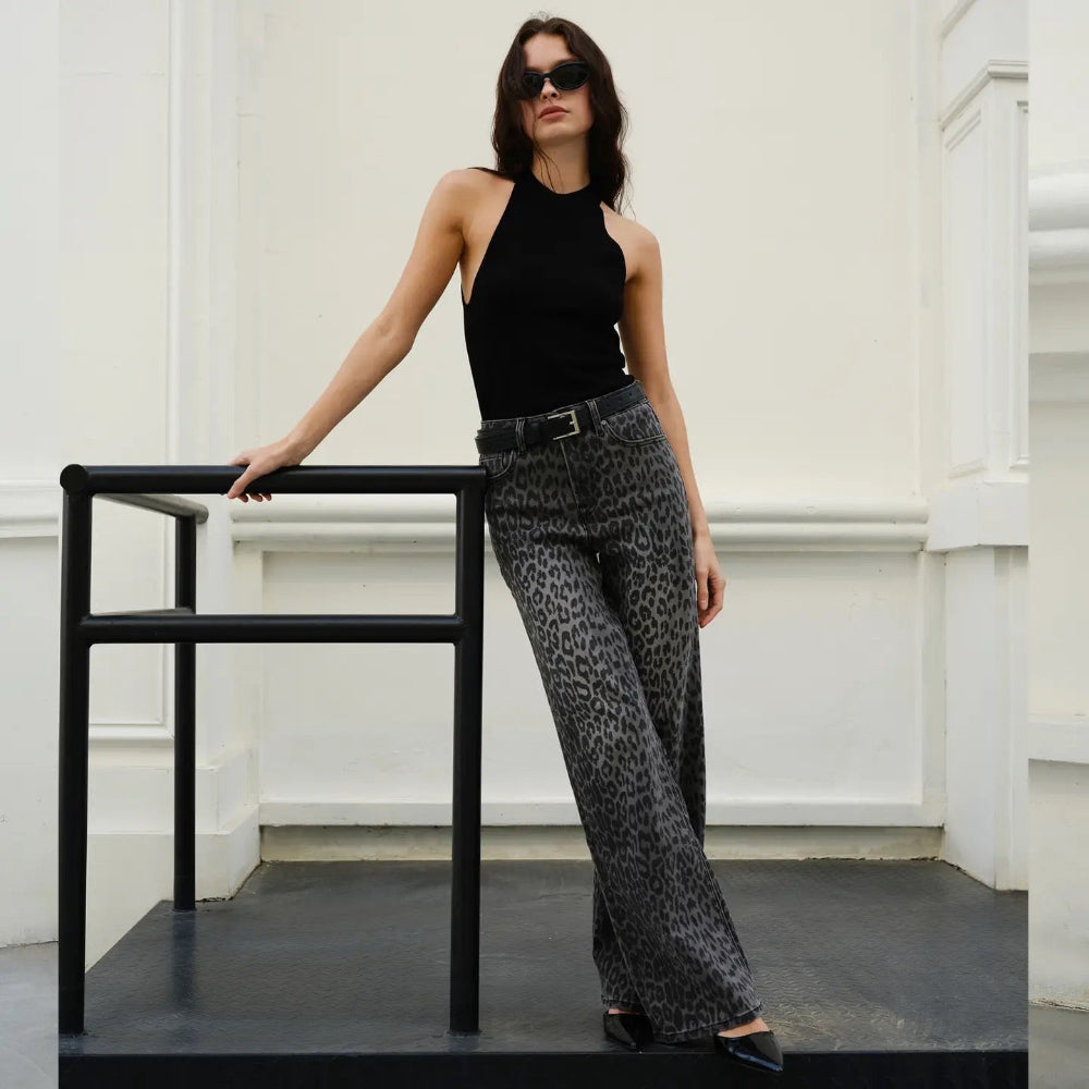 High Rise Leopard Tailored Hem Wide Leg Pant