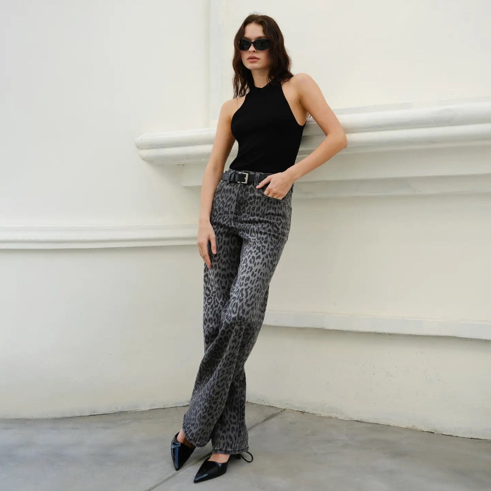 High Rise Leopard Tailored Hem Wide Leg Pant