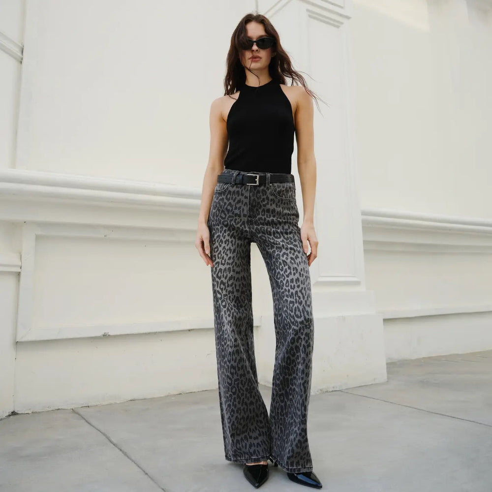High Rise Leopard Tailored Hem Wide Leg Pant
