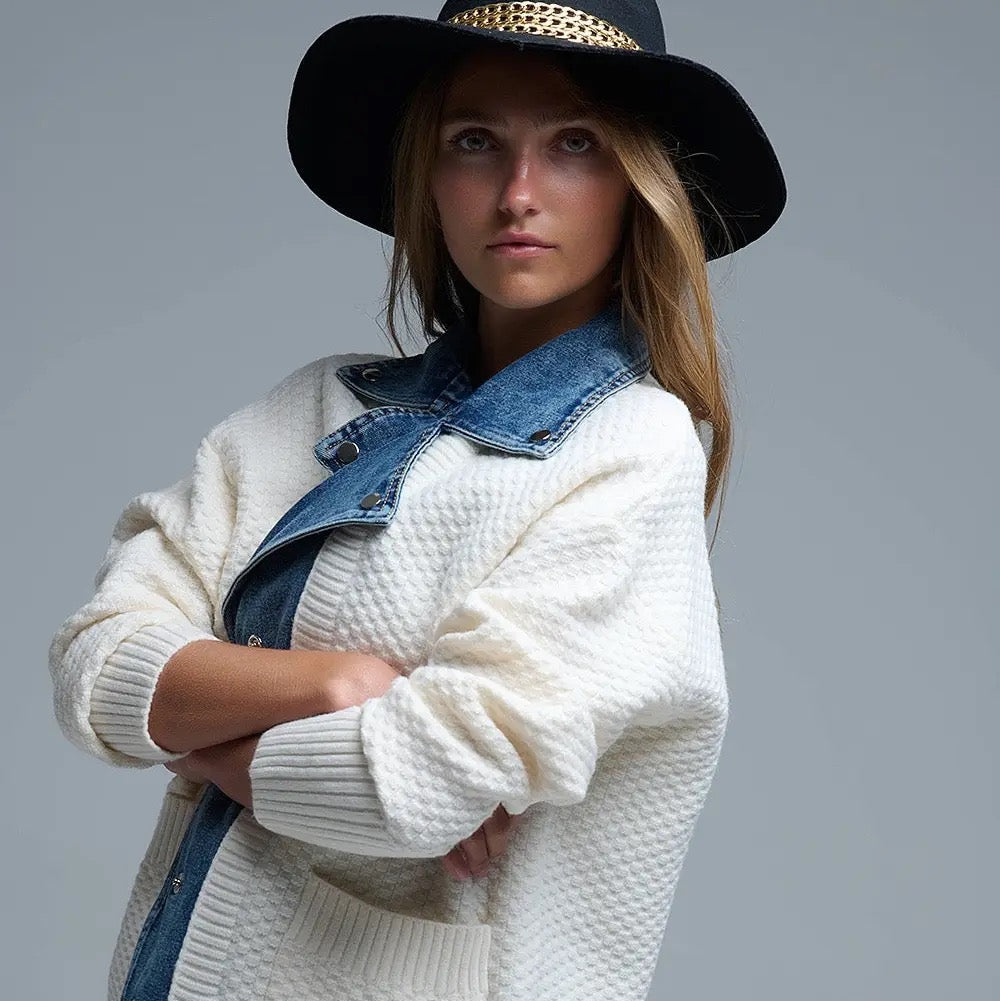 Waffle Knit Cardigan in White with Blue Chunky Denim Lining