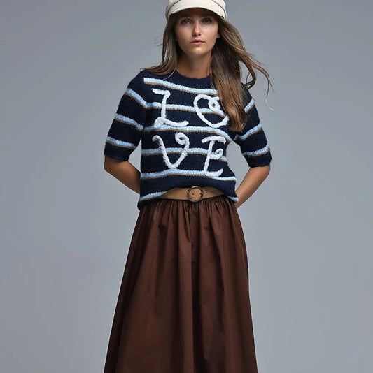 Short Sleeve Embroidered Love Sweater in Navy