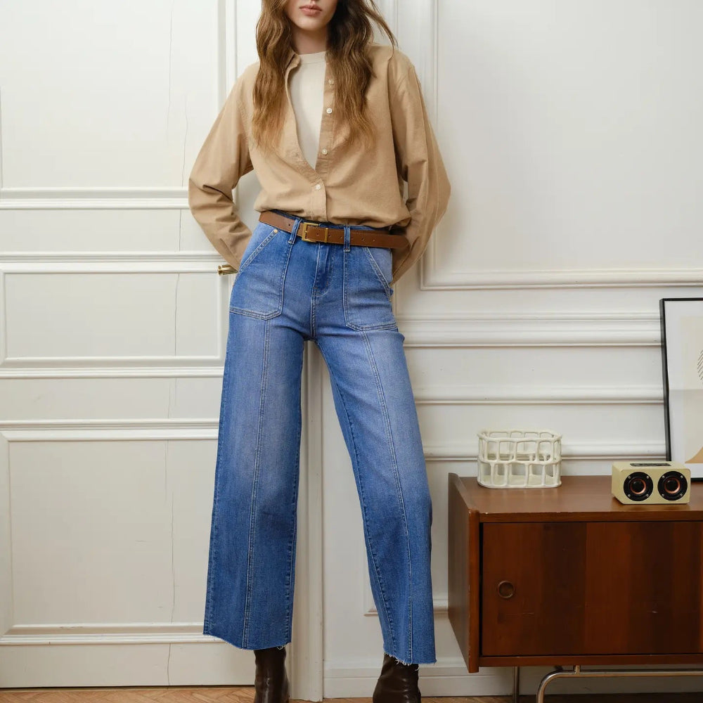 High Rise Relaxed Straight Leg w/ Raw Hem Jean