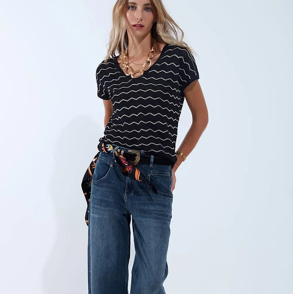 Zigzag V-Neck Knit Sweater with Dropped Sleeves in Black