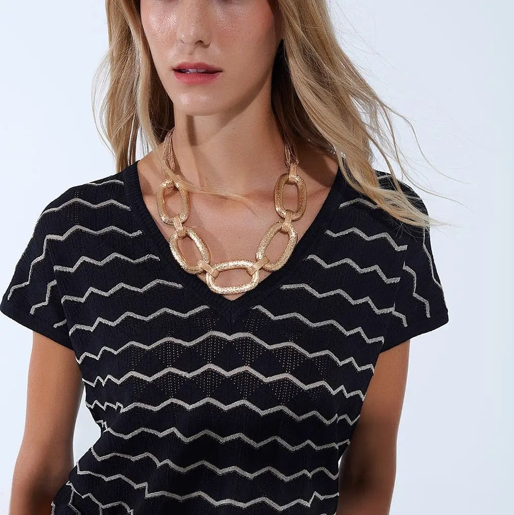 Zigzag V-Neck Knit Sweater with Dropped Sleeves in Black