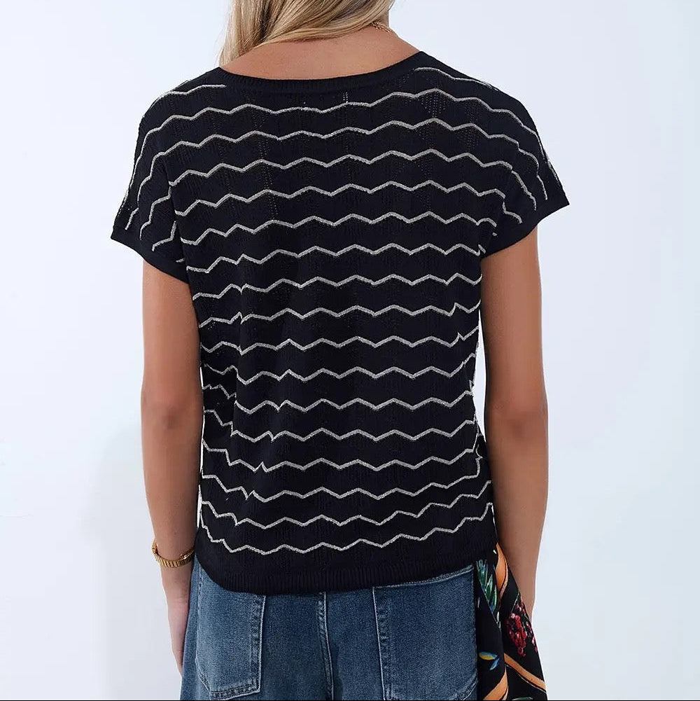 Zigzag V-Neck Knit Sweater with Dropped Sleeves in Black