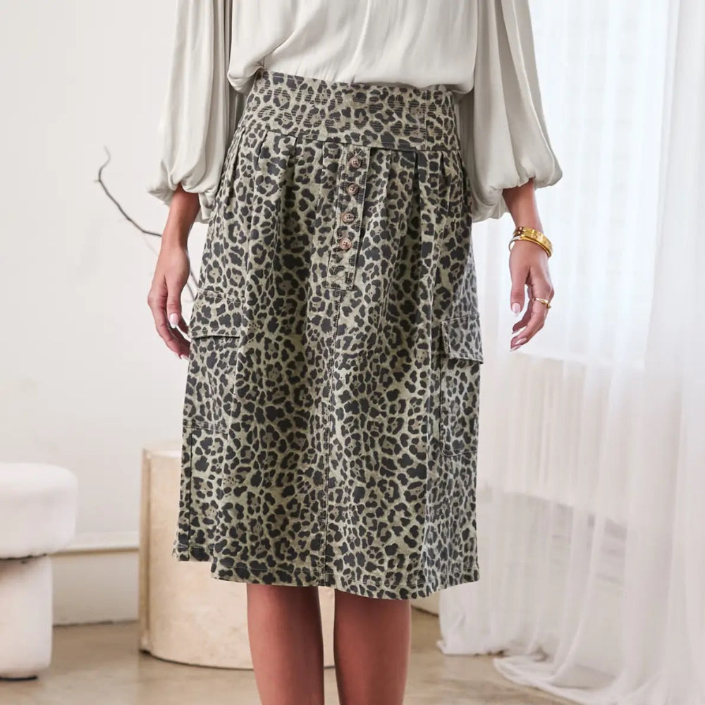 Midi Length Olive Leopard Skirt
