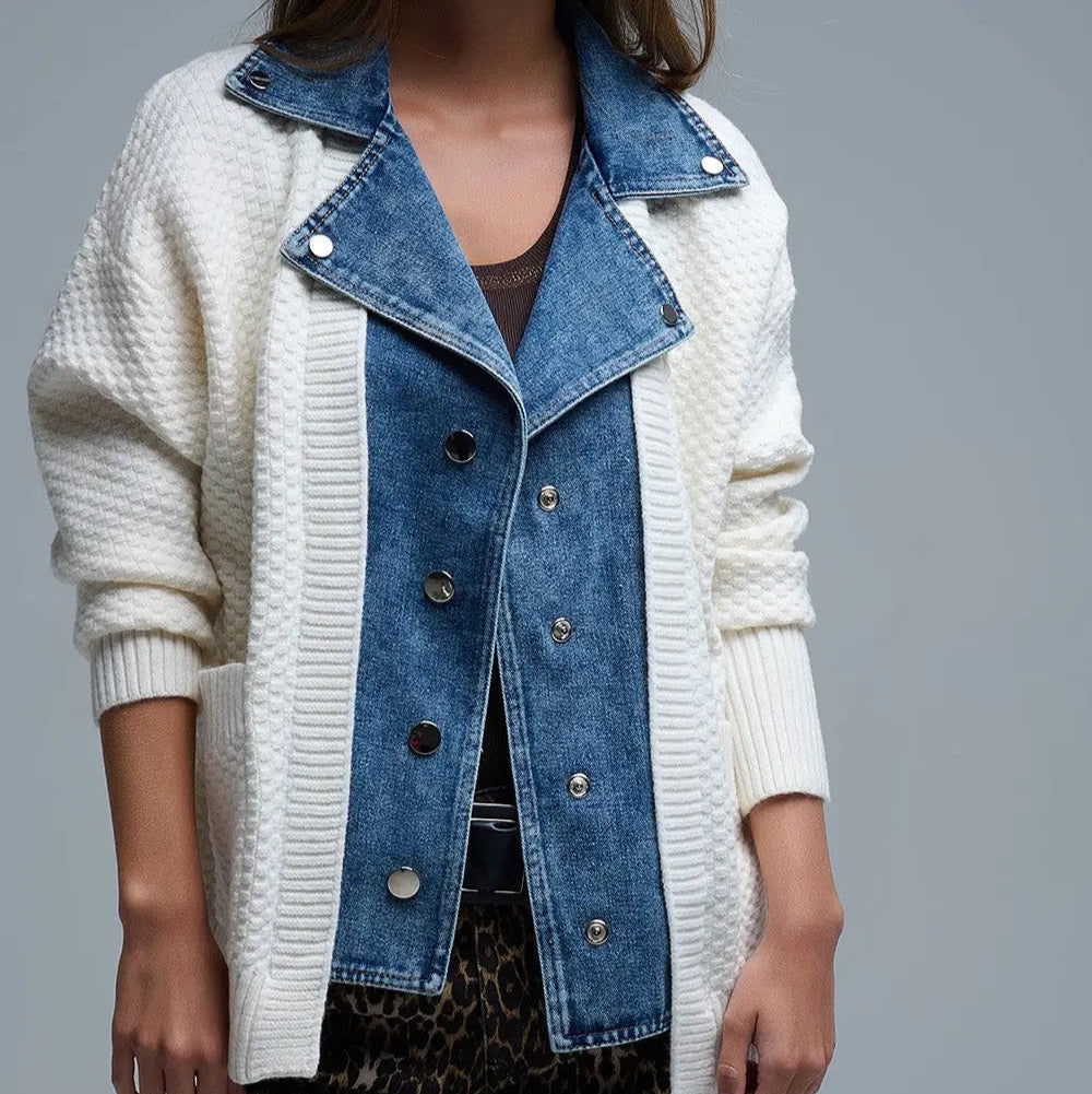 Waffle Knit Cardigan in White with Blue Chunky Denim Lining