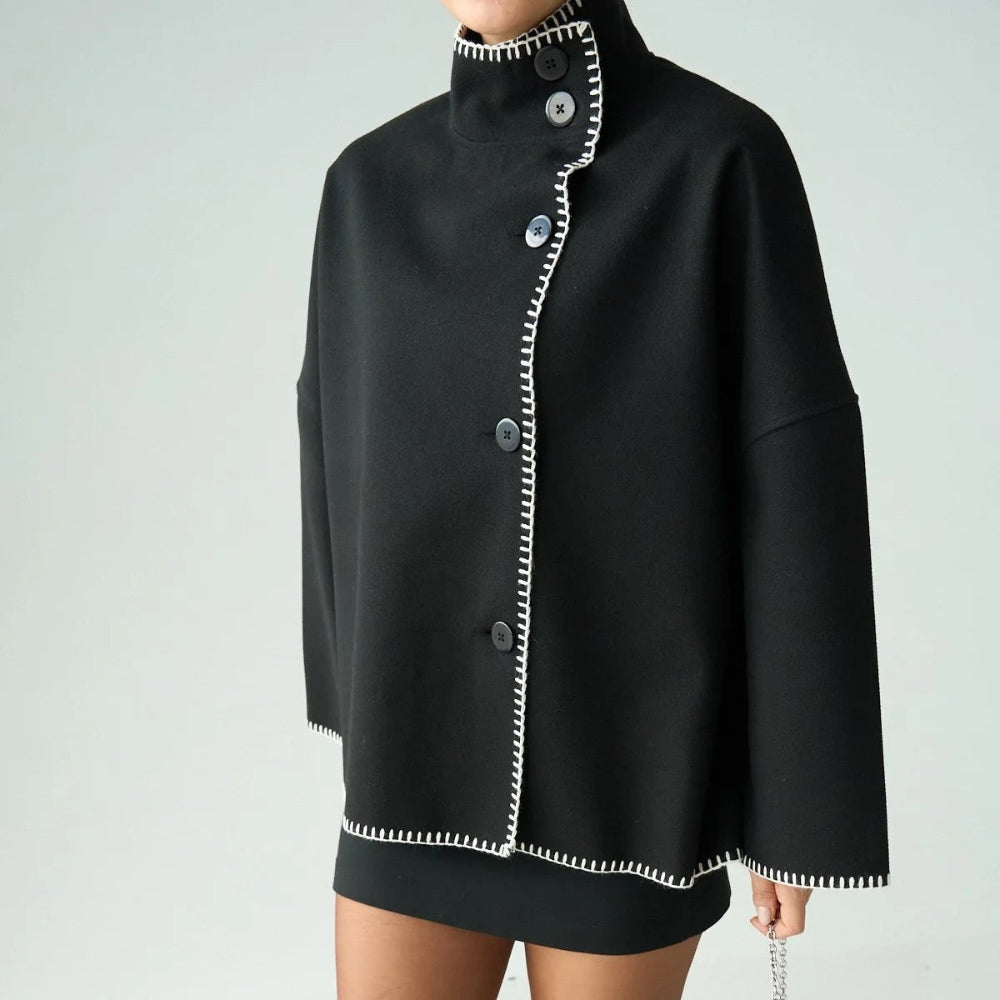 Contrast Stitch Cape Jacket in Black