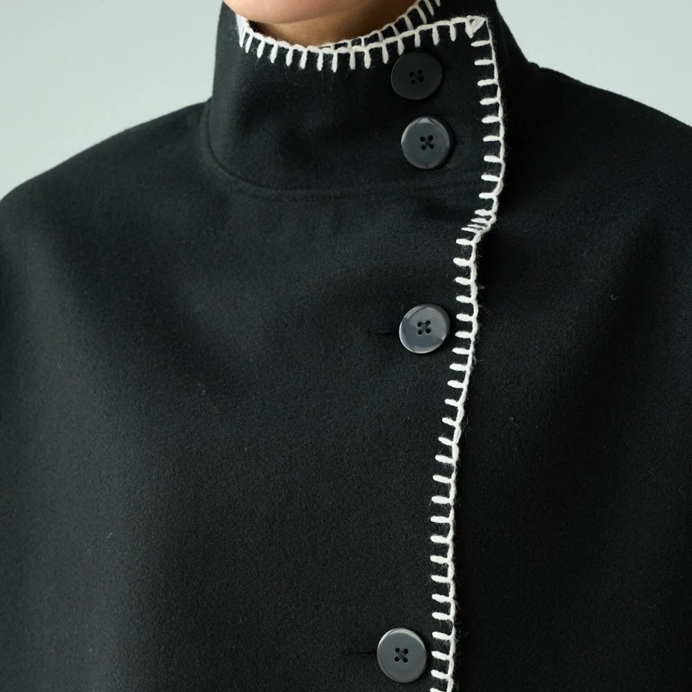 Contrast Stitch Cape Jacket in Black