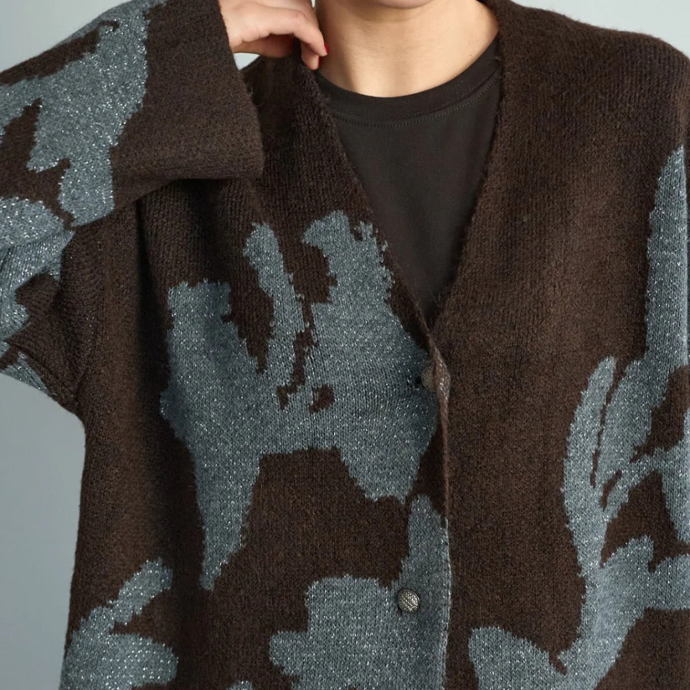 Metallic Jacquard Floral Knit Cardigan in Brown