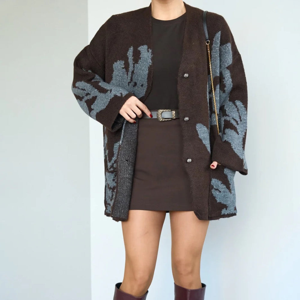 Metallic Jacquard Floral Knit Cardigan in Brown