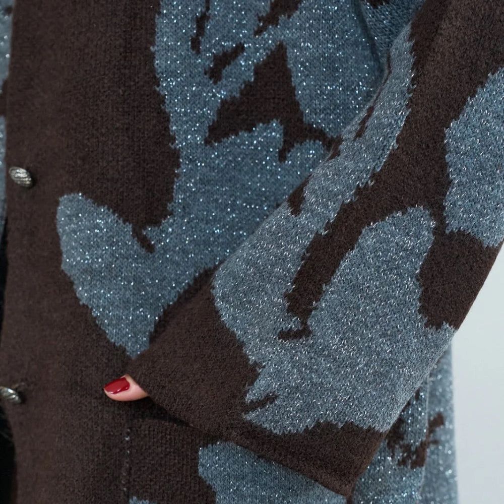 Metallic Jacquard Floral Knit Cardigan in Brown