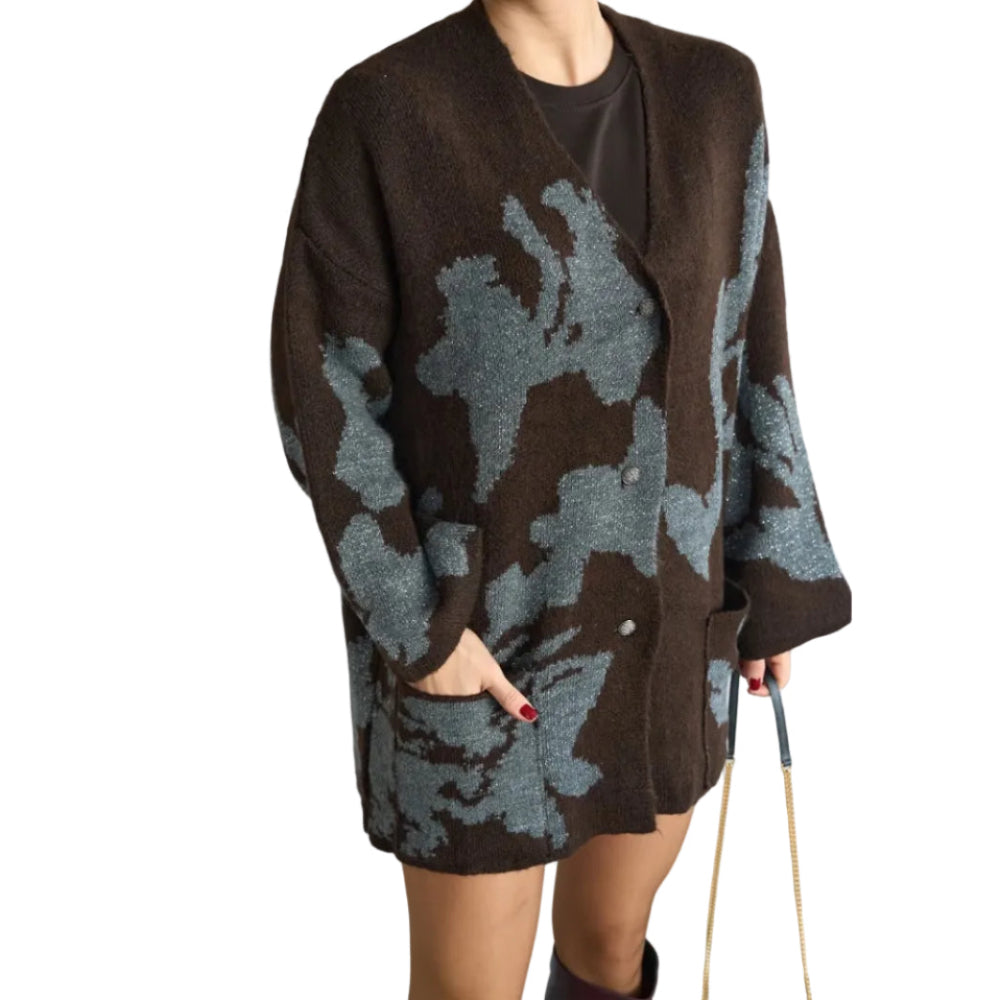 Metallic Jacquard Floral Knit Cardigan in Brown
