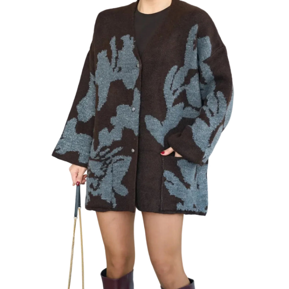 Metallic Jacquard Floral Knit Cardigan in Brown