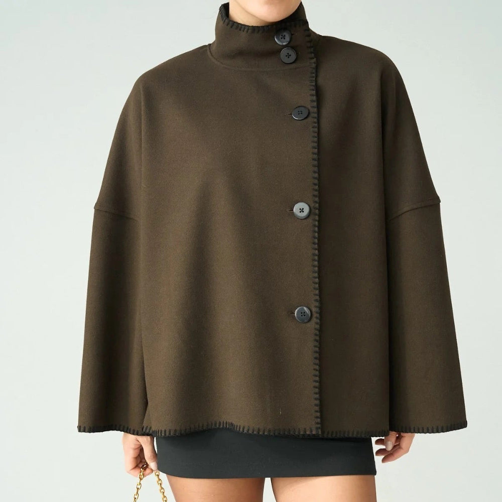 Contrast Stitch Cape Jacket in Brown