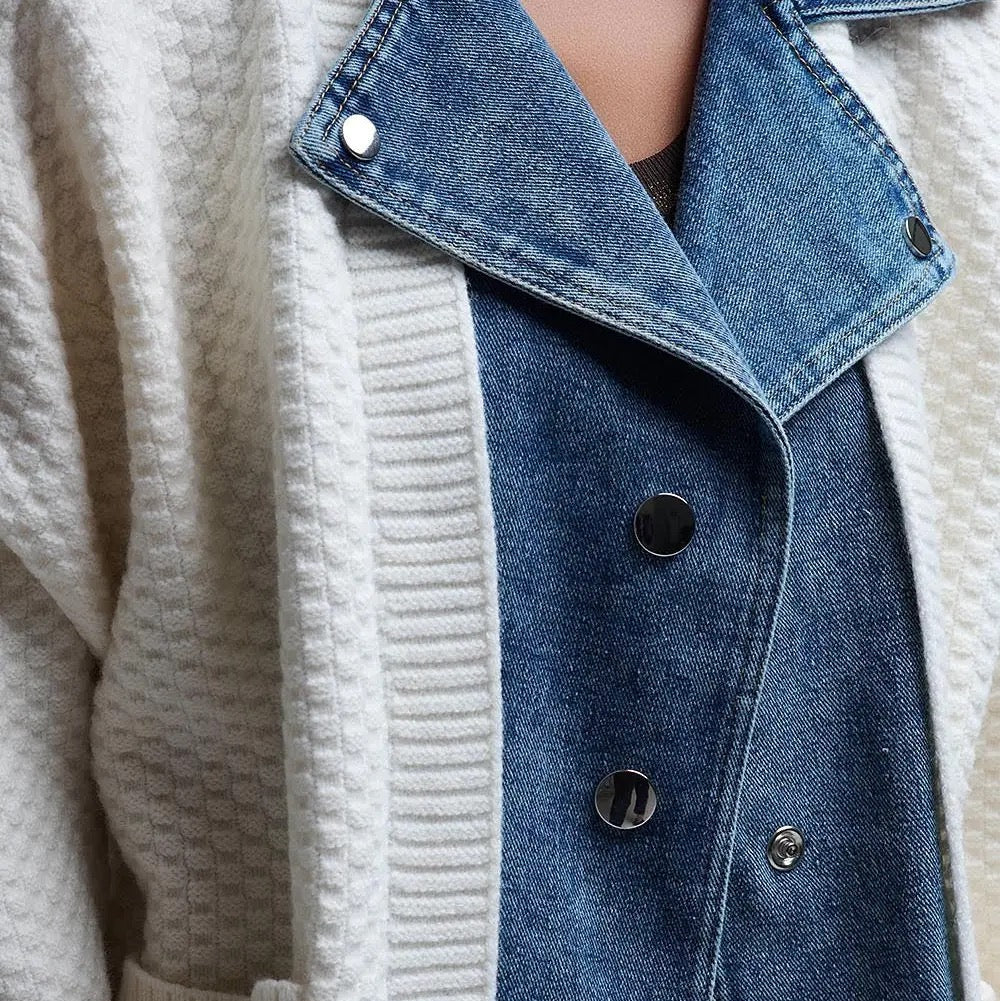 Waffle Knit Cardigan in White with Blue Chunky Denim Lining