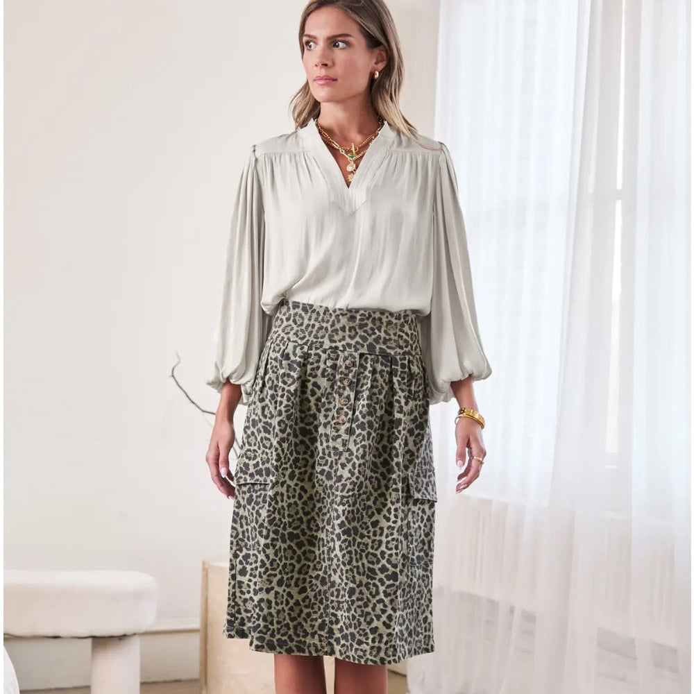 Midi Length Olive Leopard Skirt