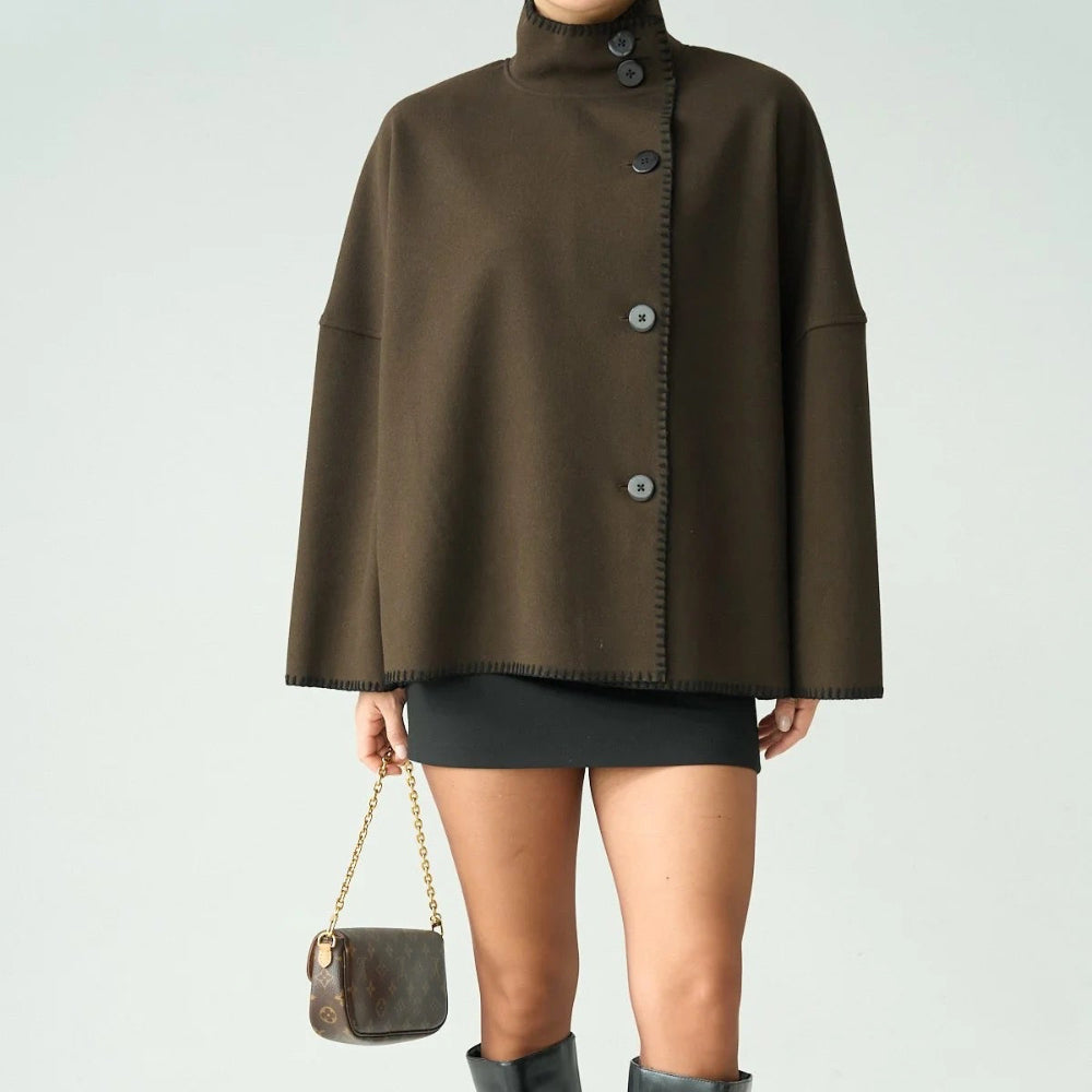 Contrast Stitch Cape Jacket in Brown