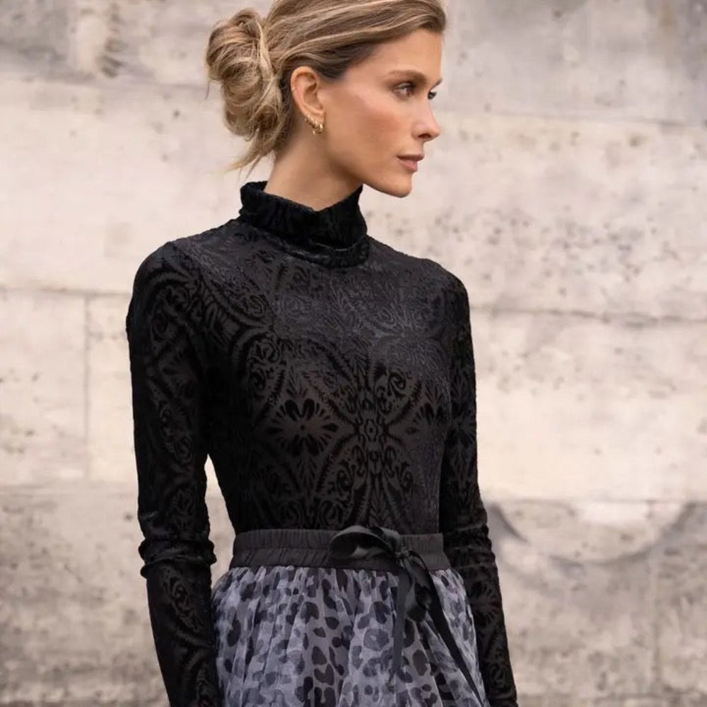 Velvet Jacquard Turtle Neck Bodysuit