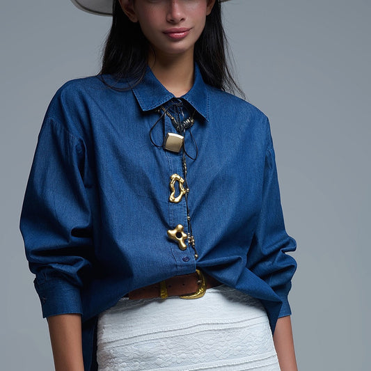 Relaxed Denim Shirt With Abstract Gold Button Detail