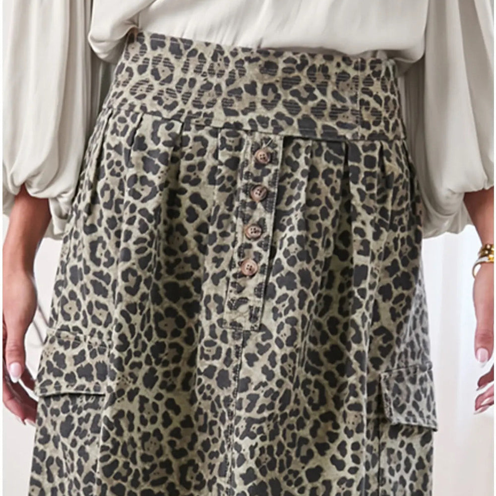 Midi Length Olive Leopard Skirt