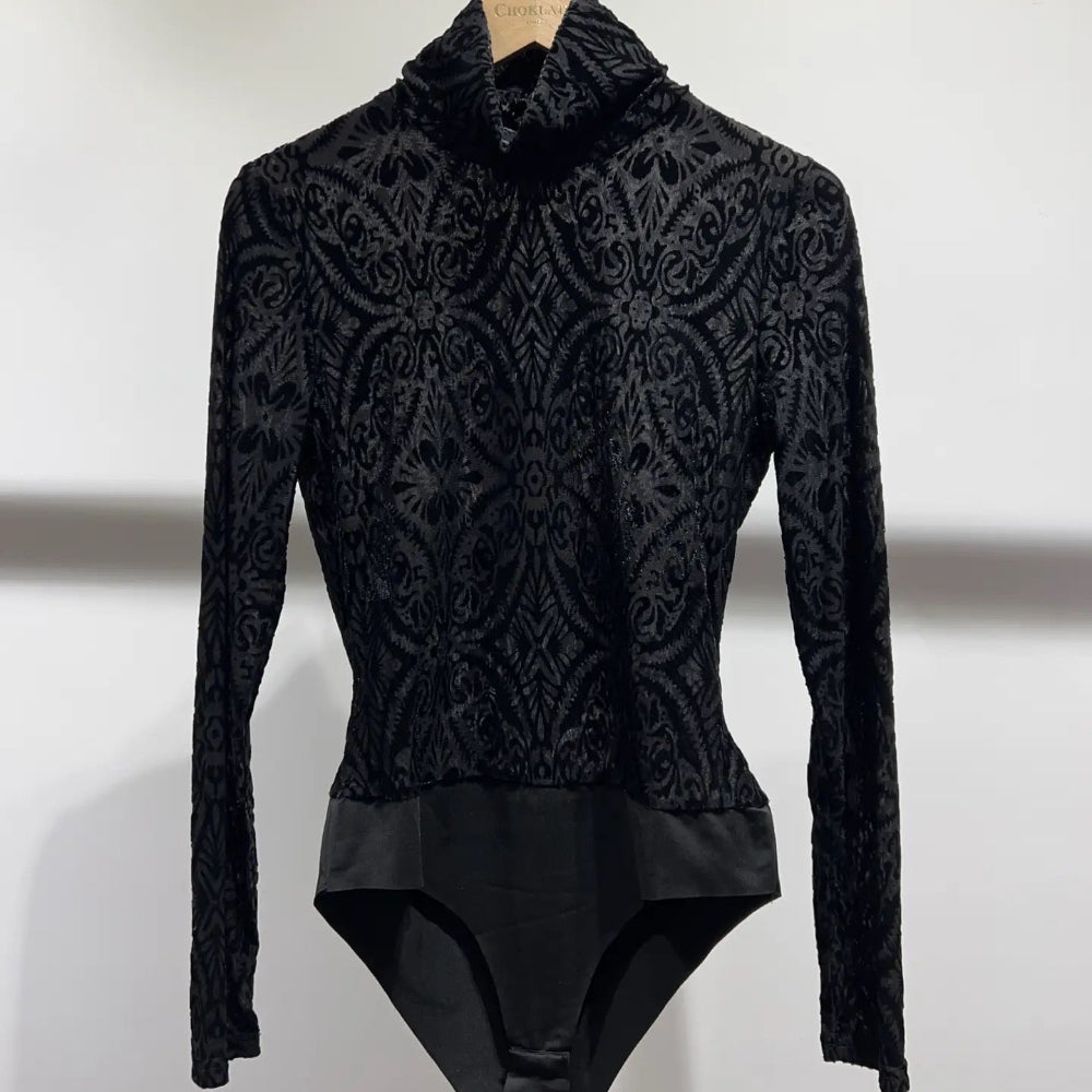 Velvet Jacquard Turtle Neck Bodysuit
