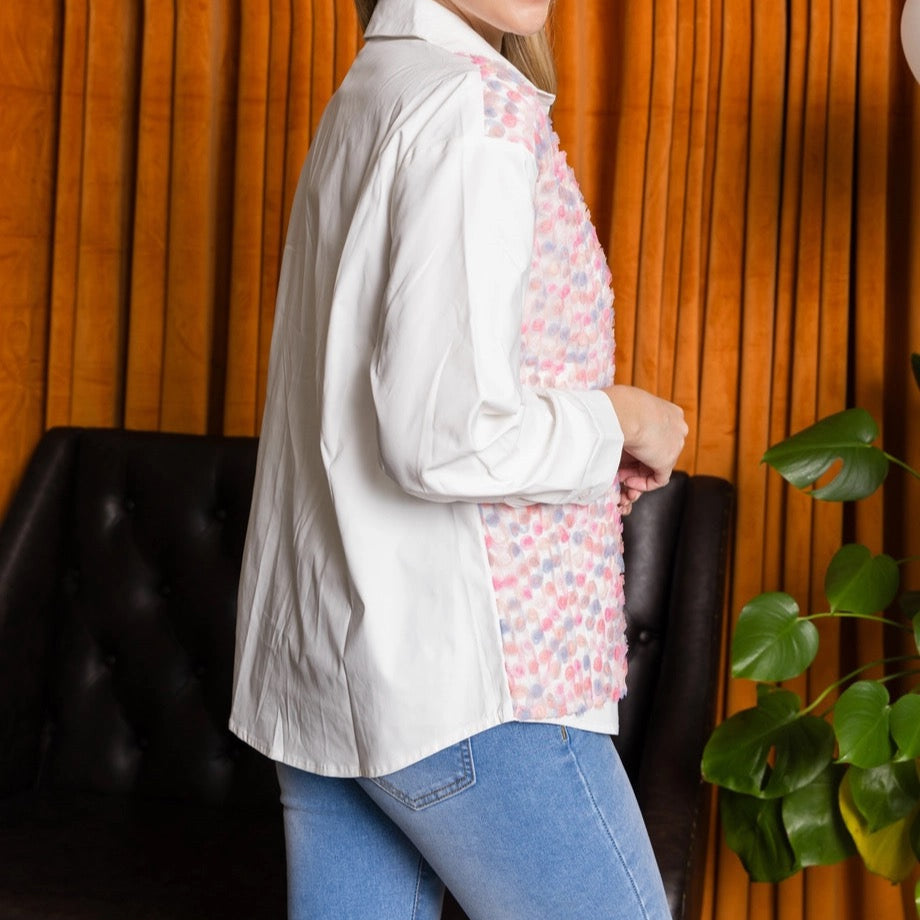 Stretch Woven Button Down Top With Floral Lace Detail