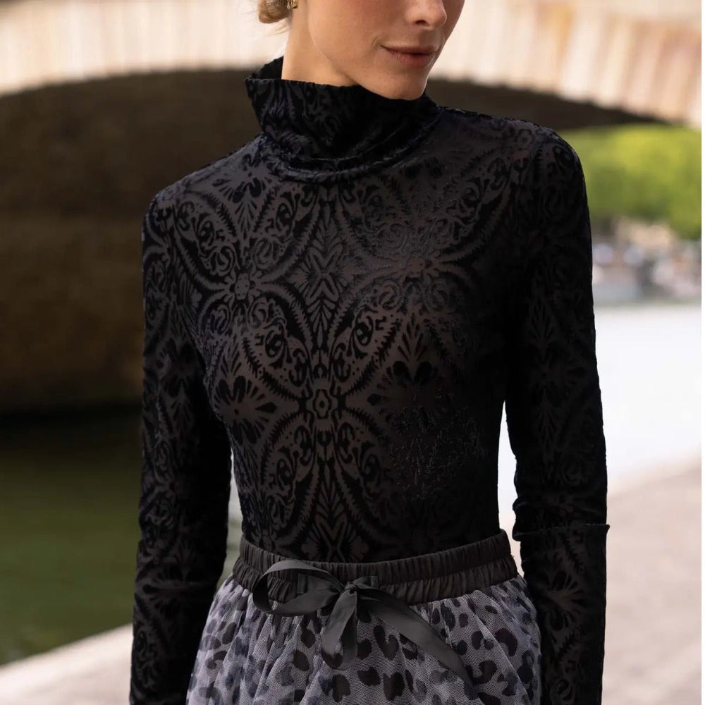 Velvet Jacquard Turtle Neck Bodysuit