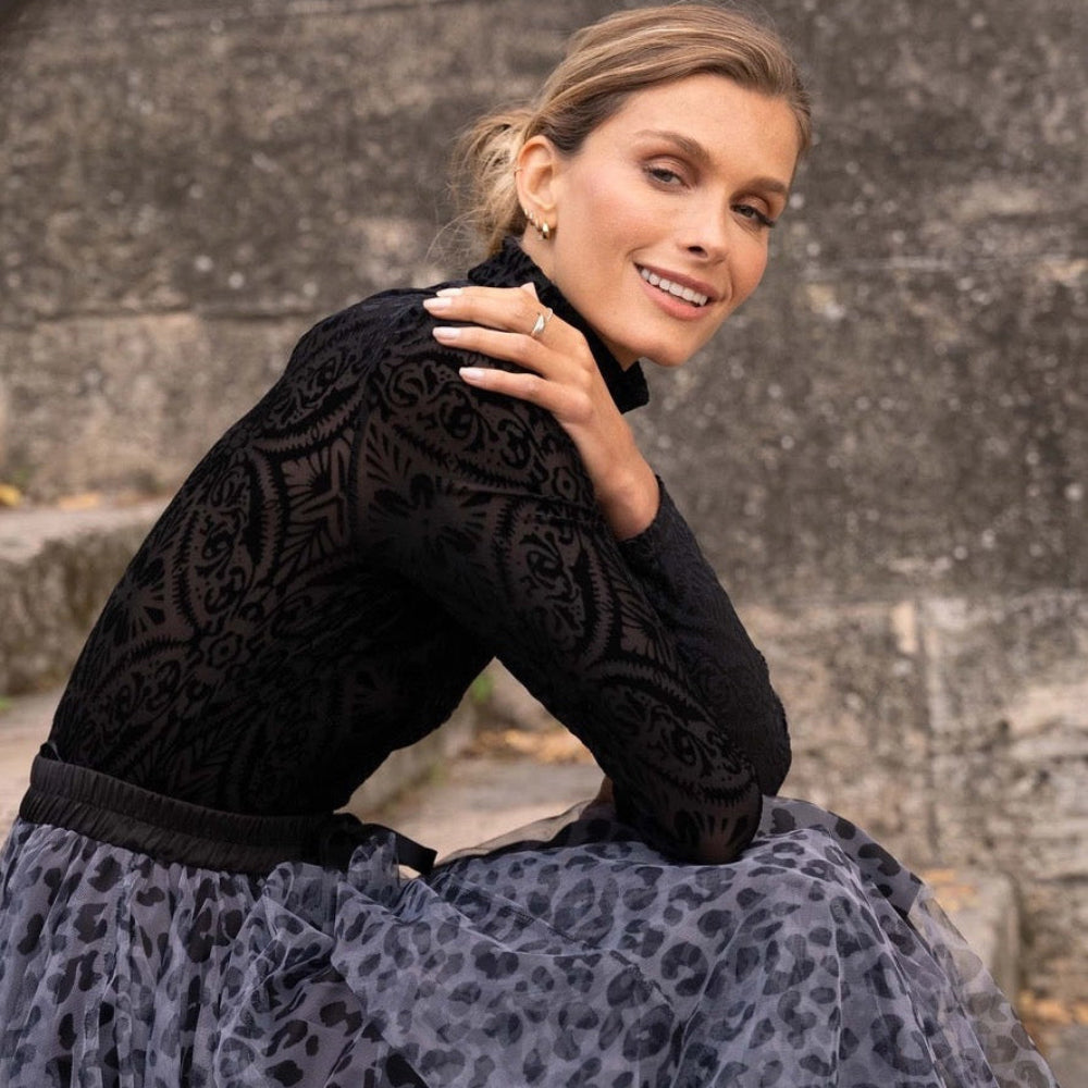 Velvet Jacquard Turtle Neck Bodysuit