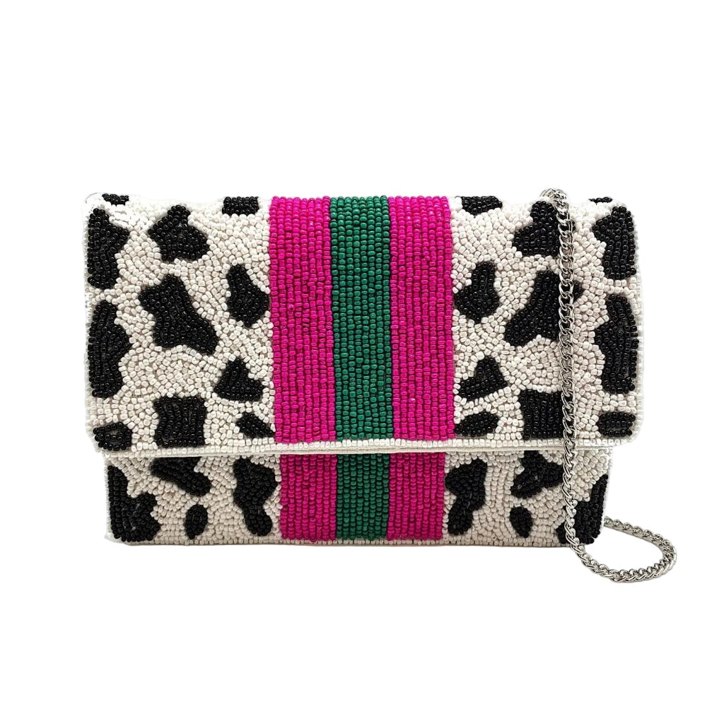 Cow Printed Beaded Mini Clutch