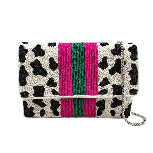 Cow Printed Beaded Mini Clutch