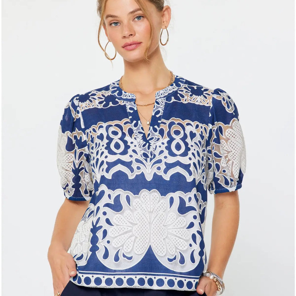 Embroidered Split Neck Top