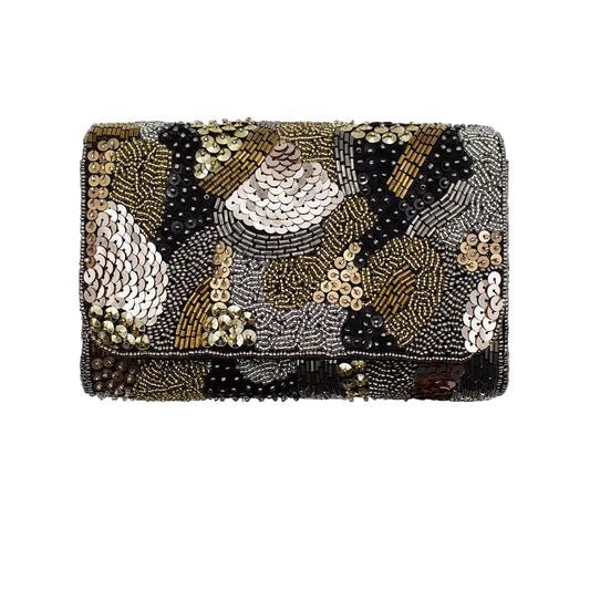 Embellished Gold & Black Beaded Rectangular Clutch