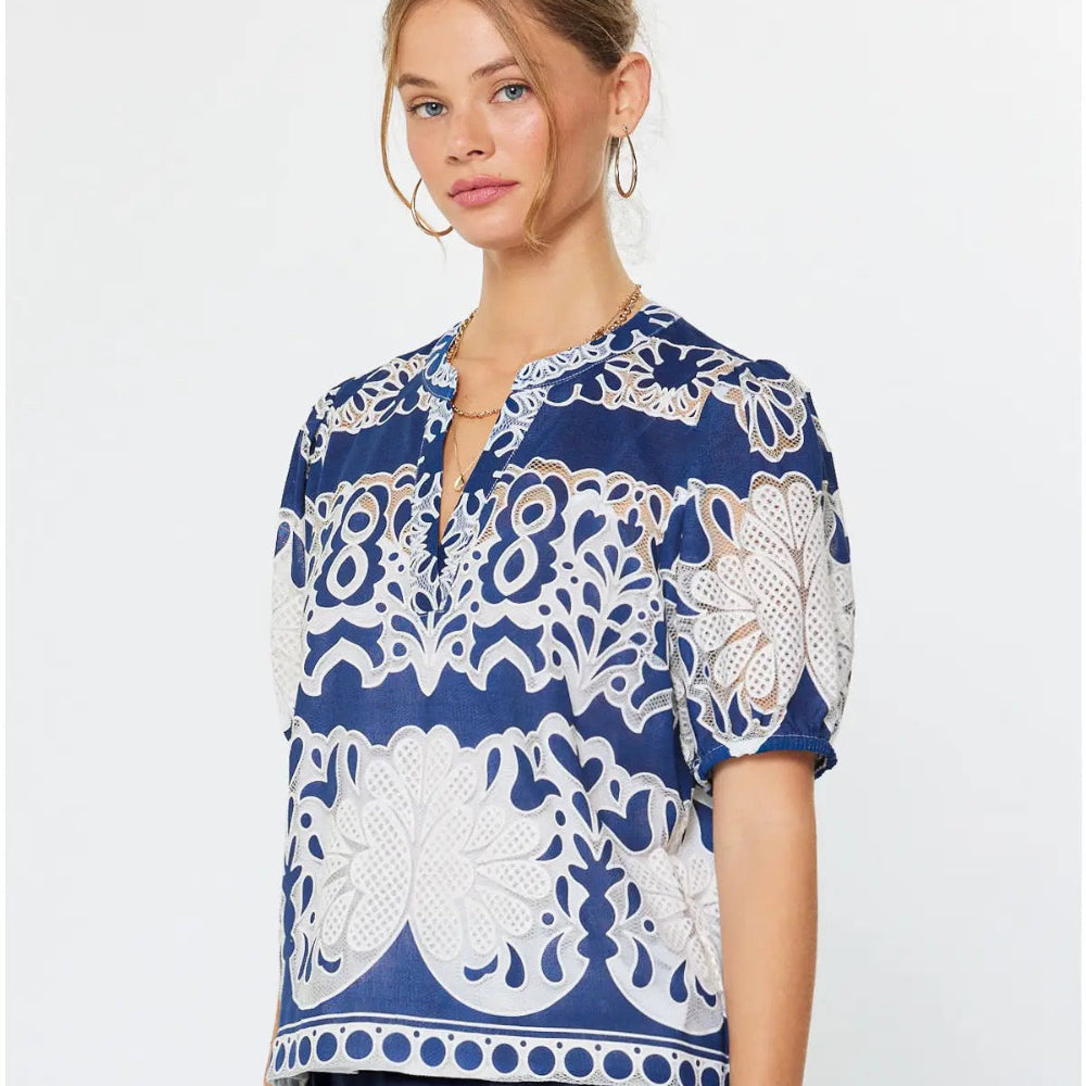 Embroidered Split Neck Top