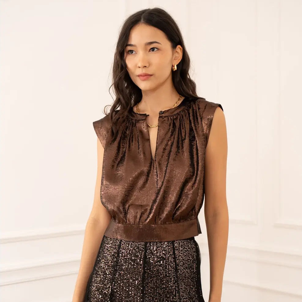 Maggie Tie Top In Metallic Chocolate