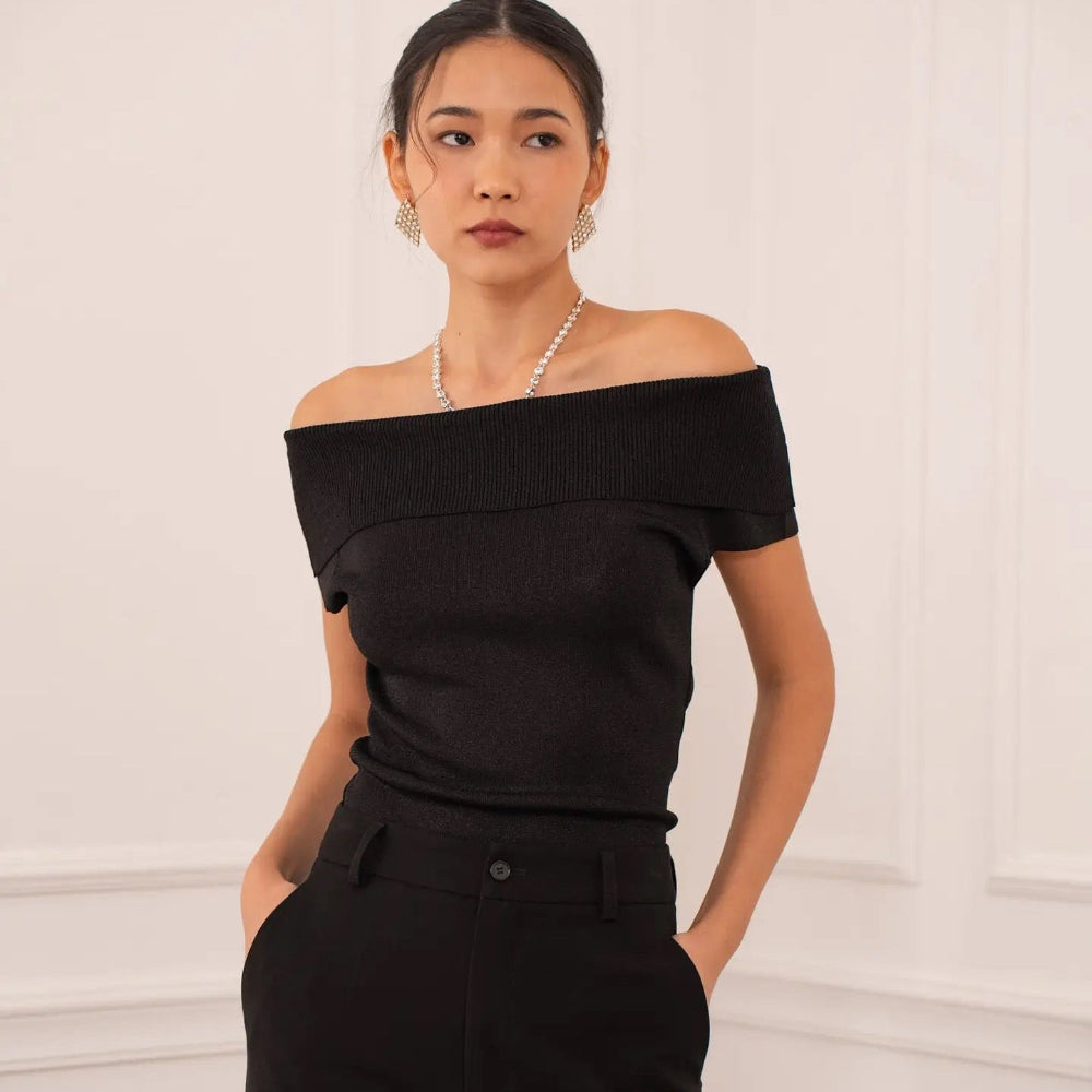 Bardot Neckline Lurex Knit Top