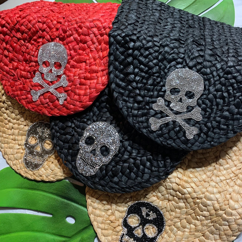 Straw Clutch With Crystal Skull