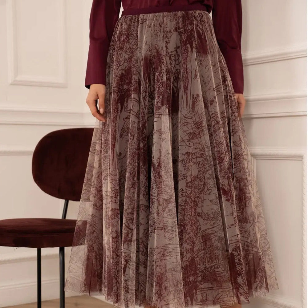 Printed Toile De Jouy Tulle Skirt In Bordeaux
