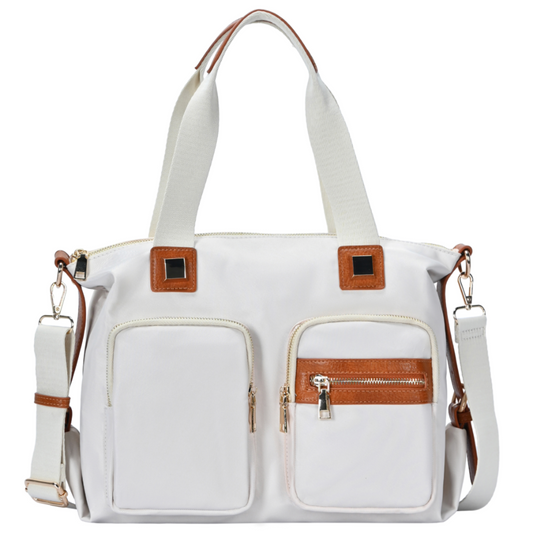 Woven Puffer Tote With Pockets In Cream