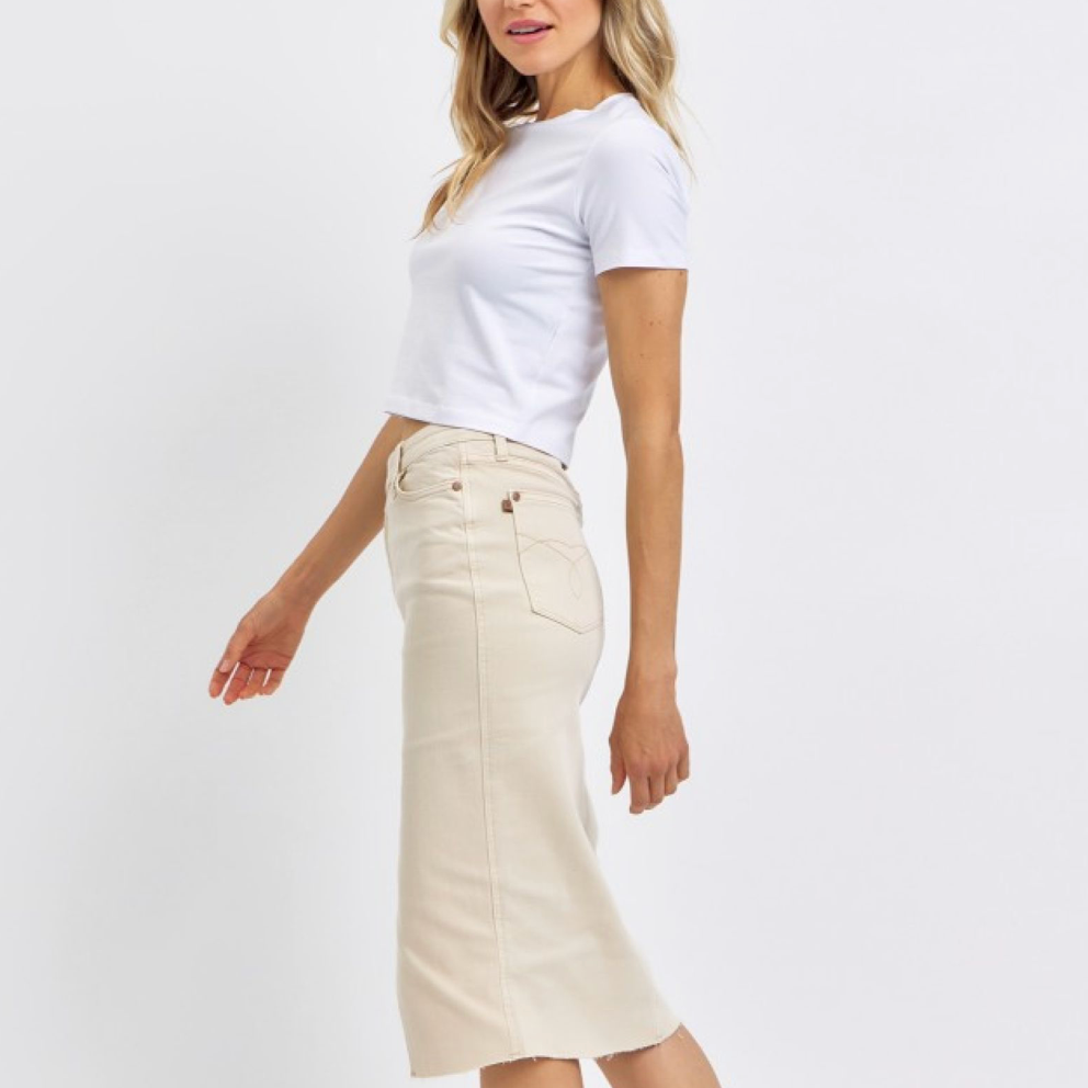 Slim High Waisted Tailored Criss Cross Slit Denim Skirt