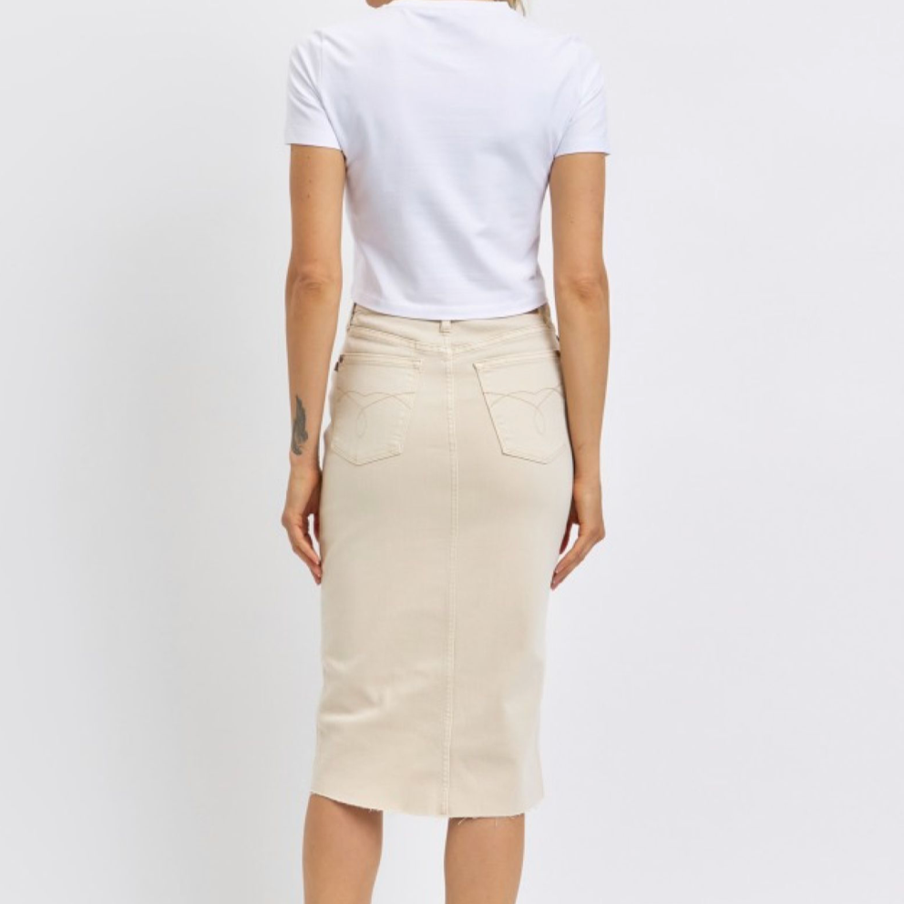 Slim High Waisted Tailored Criss Cross Slit Denim Skirt