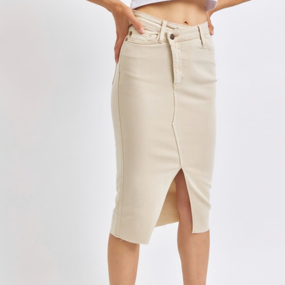 Slim High Waisted Tailored Criss Cross Slit Denim Skirt